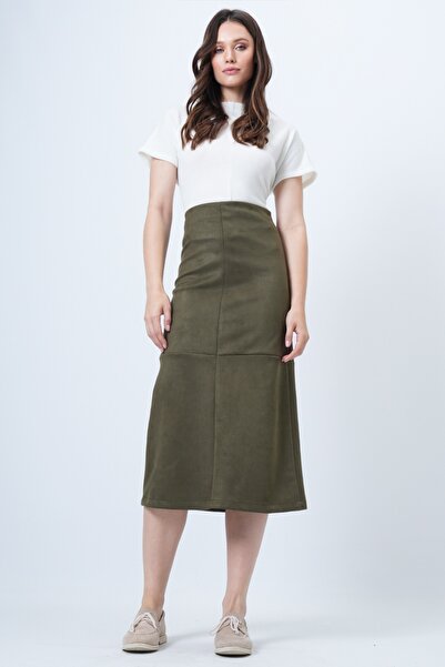 Trend Alaçatı Stili Women's Khaki Hidden Zipper Stitching Detail Faux Suede Maxi Skirt Alc-X14407