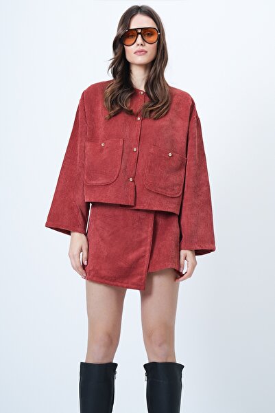 Trend Alaçatı Stili Women's Tile Double Pocket Velvet Jacket and Wrap Cut Shorts Skirt Suit Alc-X14688