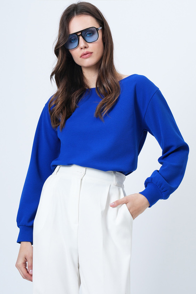 Trend Alaçatı Stili Women's Cobalt Boat Neck Cuffed Sleeves Blouse Alc-X14393