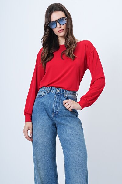 Trend Alaçatı Stili Rote Damenbluse mit U-Boot-Ausschnitt und Manschettenärmeln ALC-X14393