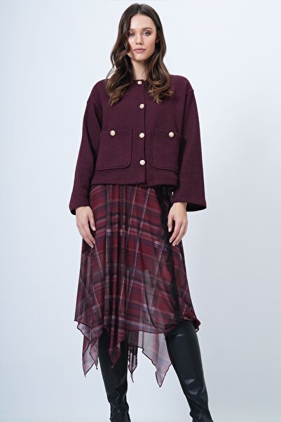 Trend Alaçatı Stili Women's Burgundy Crew Neck Double Pocket Textured Jacket Alc-X14375