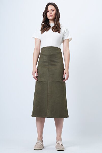 Trend Alaçatı Stili Women's Khaki Hidden Zipper Stitching Detail Faux Suede Maxi Skirt Alc-X14407