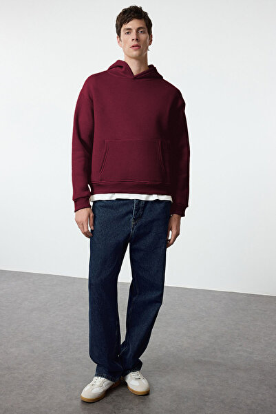 Trendyol Collection Burgundy Oversize/Wide Cut Hooded Sweatshirt with Embroidery Detail on the Back Tmnaw25Sw00142