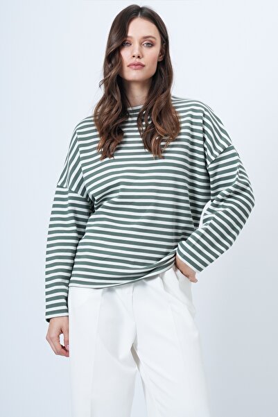 Trend Alaçatı Stili Women's Khaki-Striped Crew Neck Striped Batwing Sleeve Wi...
