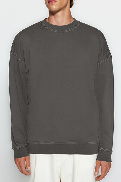 Trendyol Collection Φούτερ Anthracite Crew Neck Oversize - με λεπτομέρεια ραφής αντίθεσης TMNAW24SW00011