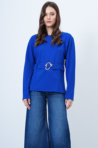 Trend Alaçatı Stili Women's Cobalt Self-Belted Gold Accessory Detailed Blouse Alc-X14699
