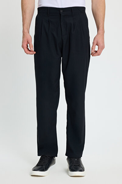 Tudors Men's Regular Fit Double Pleated Elastic Waist Comfortable Cut Loose Leg Baggy Navy Blue Trousers