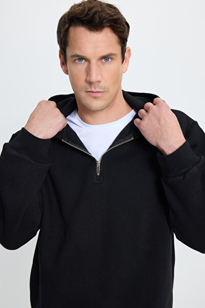 Tudors Φούτερ Unisex Relax Fit Relaxed Cotton Fleece Εσωτερικό με μισό φερμουάρ Μαύρη κουκούλα