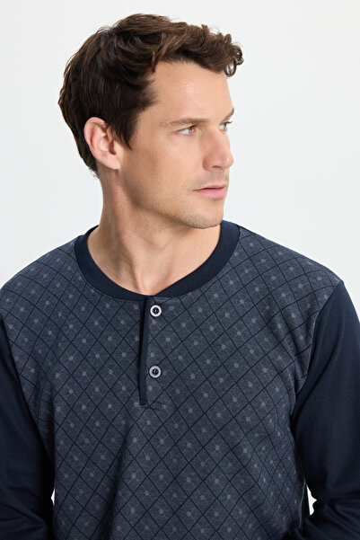 Tudors Men's regular fit cotton button-up collar elastic waist patterned pajama set