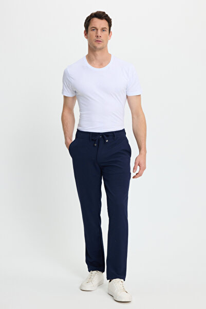 Tudors Men's Slim Fit slim fit navy blue pants with elastic waist and lace detail