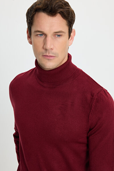 Tudors Ανδρικό πλεκτό πουλόβερ με λεπτή εφαρμογή με απαλή υφή, χωρίς τρίχες, μπορντό με πλήρες ζιβάγκο