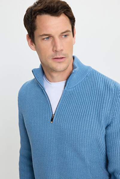 Tudors Ανδρικό πλεκτό πουλόβερ με λεπτή εφαρμογή με φερμουάρ Indigo Stand Collar