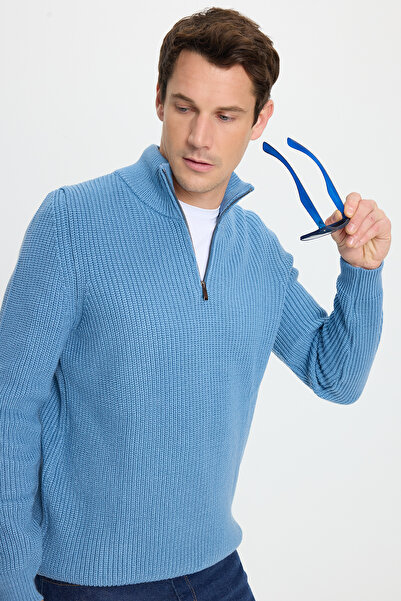 Tudors Ανδρικό πλεκτό πουλόβερ με λεπτή εφαρμογή με φερμουάρ Indigo Stand Collar