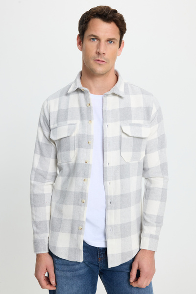 Tudors Pánská slim fit úzká košile s dlouhým rukávem, kapucí, dvojitými kapsami a kostkovaným vzorem na zimu.