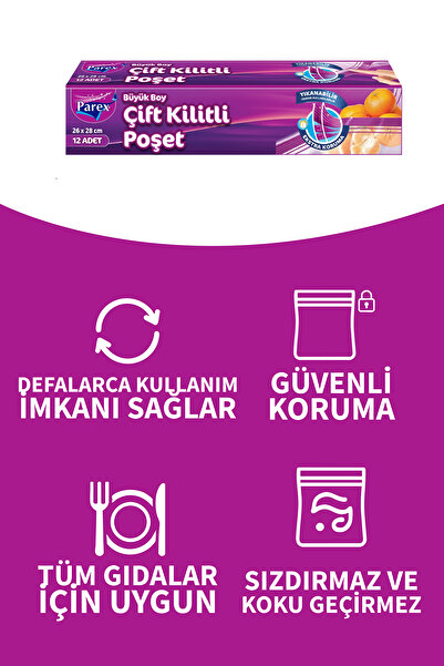 Parex Çift Kilitli Buzdolabı Poşeti Büyük Boy 12 Adet 26 x 28 cm