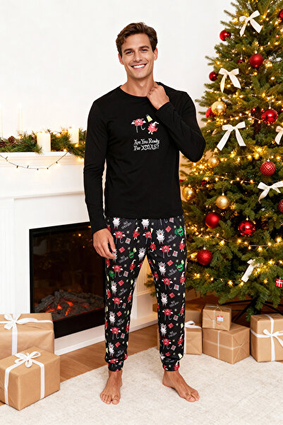 Trendyol Collection Sada pyžama Regular Fit s černým potiskem ze 100% bavlny - TMNAW23PT00025