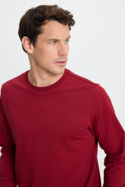 Tudors Erkek Relax Fit Rahat Kesim %100 Pamuk 2 İplik Bisiklet Yaka Bordo Swe...