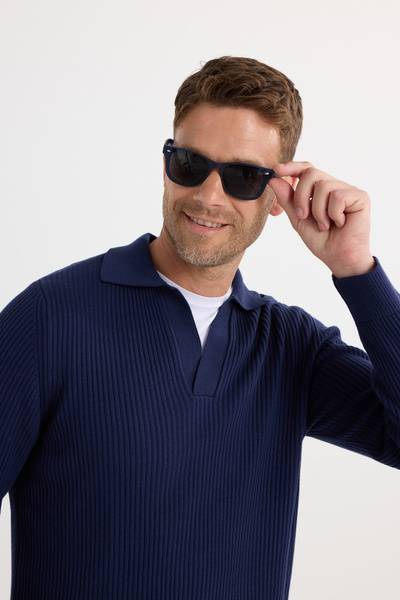 Tudors Ανδρικό πουλόβερ με κανονική εφαρμογή, βαμβακερό πόλο με λαιμόκοψη σε σχήμα V, μπλε ναυτικό