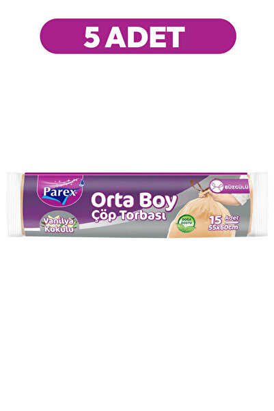 Parex Büzgülü Çöp Torbası Vanilya Kokulu Orta Boy 15'li 55 x 60 cm Beşli Paket