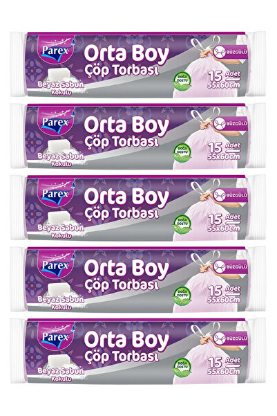 Parex Büzgülü 15'li Çöp Torbası Beyaz Sabun Kokulu Orta Boy 55 x 60 cm Beşli Paket