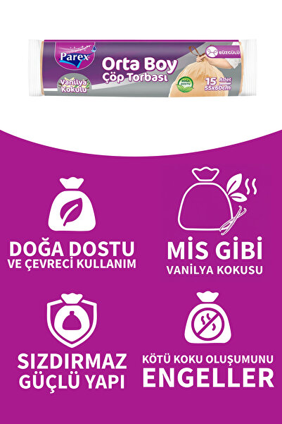 Parex Büzgülü Vanilya Kokulu Orta Boy 55x60 Cm 15'li 3 Rulo Çöp Poşeti