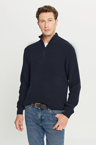 AC&Co / Altınyıldız Classics Чоловічий синій светр з коміром-стійкою, застібкою-блискавкою, бавовняний, стандартний крій, прямий крій, жакардовий трикотаж