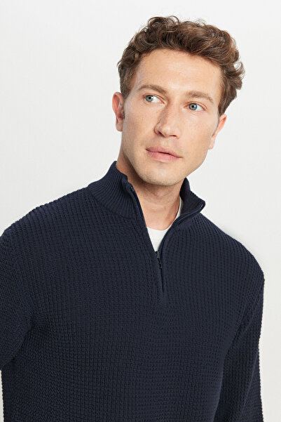 AC&Co / Altınyıldız Classics Чоловічий синій светр з коміром-стійкою, застібкою-блискавкою, бавовняний, стандартний крій, прямий крій, жакардовий трикотаж