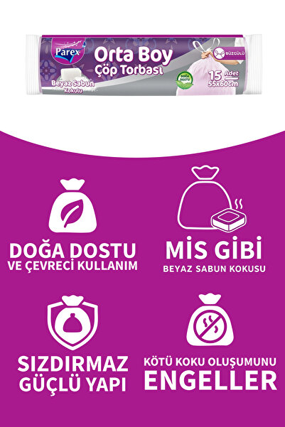 Parex Büzgülü 15'li Çöp Torbası Beyaz Sabun Kokulu Orta Boy 55 x 60 cm Beşli Paket