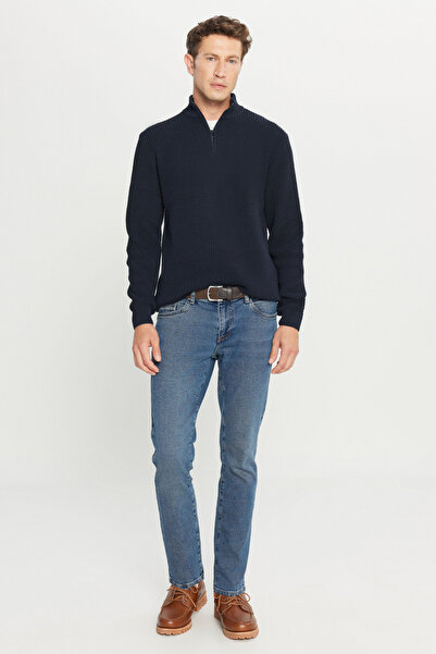 AC&Co / Altınyıldız Classics Чоловічий синій светр з коміром-стійкою, застібкою-блискавкою, бавовняний, стандартний крій, прямий крій, жакардовий трикотаж