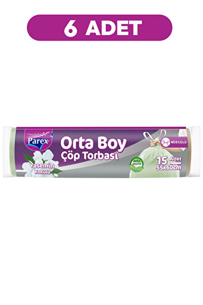 Parex Büzgülü Çöp Torbası Yasemin Kokulu 15'li Orta Boy 55 x 60 cm Altılı Paket