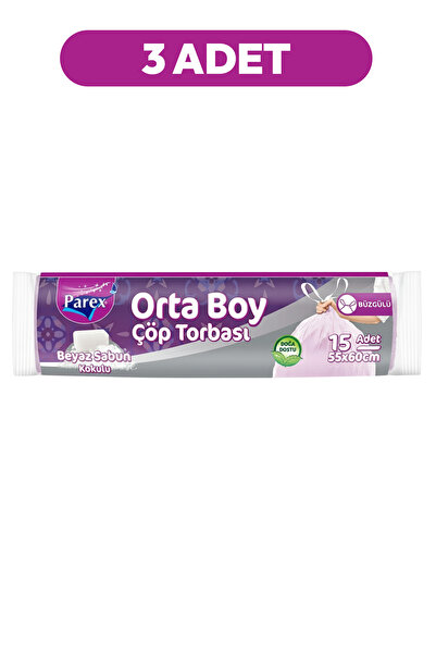 Parex Büzgülü Çöp Torbası Beyaz Sabun Kokulu Orta Boy 15'li 3lü Paket