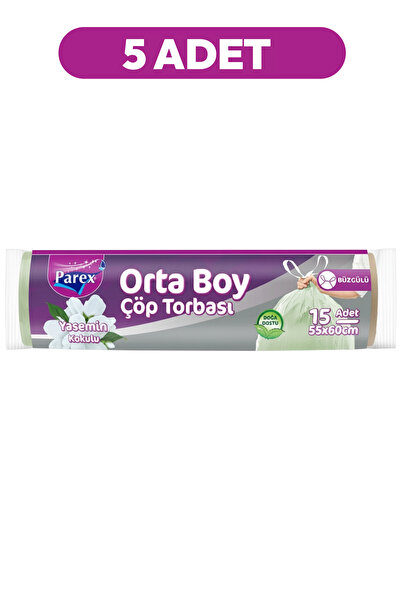 Parex Büzgülü Çöp Torbası Yasemin Kokulu 15'li Orta Boy 55 x 60 cm Beşli Paket