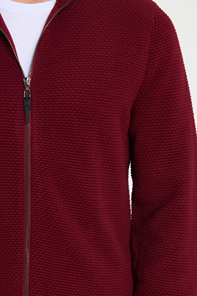 Tudors Men's Standard Fit Regular Cut Patterned Half Turtleneck Zippered Claret Red Cardigan