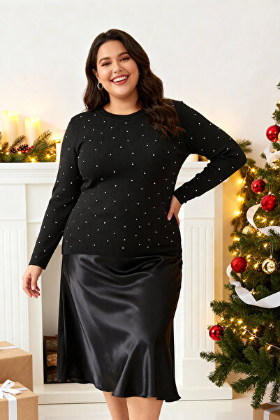 Trendyol Curve Black Stone Crew Neck Knitwear Blouse Tbbaw26Af00004