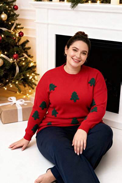 Trendyol Curve Red Embroidered New Year's Themed Knitwear Sweater Tbbaw25An00064