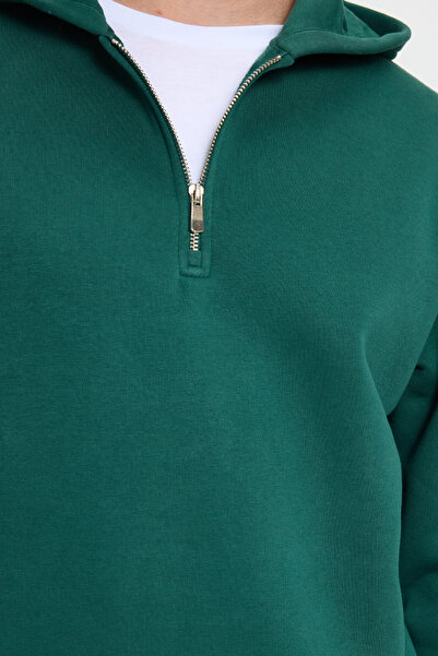 Tudors Φούτερ Unisex Relax Fit Relaxed Cotton Fleece Εσωτερικό Χακί με κουκούλα με μισό φερμουάρ