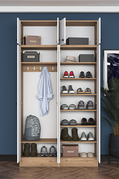 Rani Mobilya Rani EA146 Modern Portmanto 8 Kapaklı Raflı Askılı Ayakkabılık Vestiyer Sepet Ceviz - Beyaz