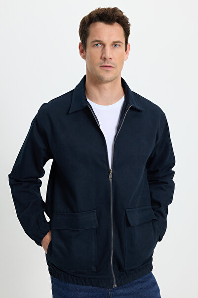 Tudors Men's relaxed fit comfortable cut double pocket flap zip-up elastic waist plain navy jacket coat shirt