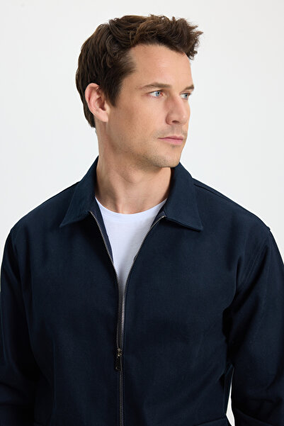 Tudors Men's relaxed fit comfortable cut double pocket flap zip-up elastic waist plain navy jacket coat shirt