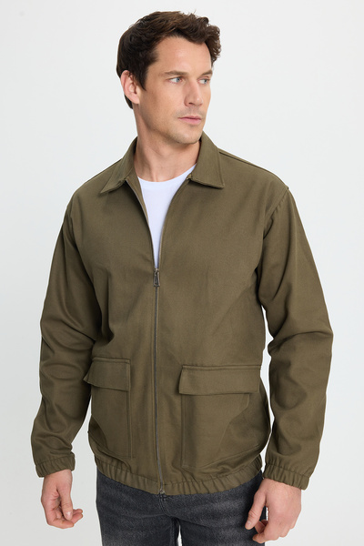 Tudors Men's Relax Fit Comfortable Cut Double Pocket Flap Zipper Elastic Waist Straight Khaki Jacket Coat Shirt