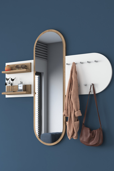 Rani Mobilya P3 Aynalı Duvar Askısı Boy Aynası Sepet Ceviz - Beyaz Vestiyer