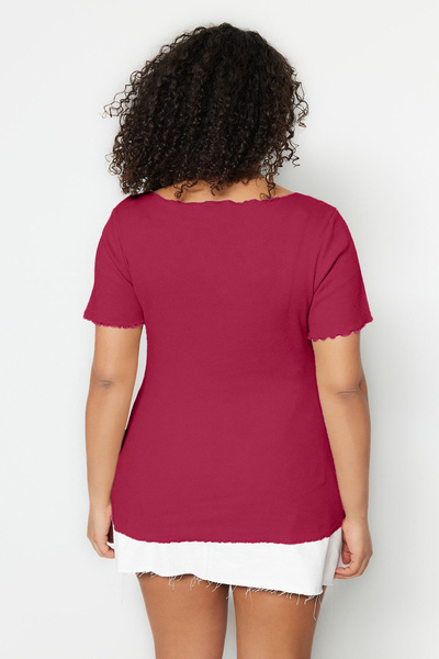 Trendyol Curve Plum Ribbed Pool Neck Knitted Plus Size Blouse Tbbss23Bf00010