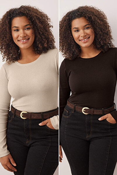 Trendyol Curve Barna-bézs 2 csomagos Crop Camisole kötött nagyméretű blúz TBBAW26AF00055