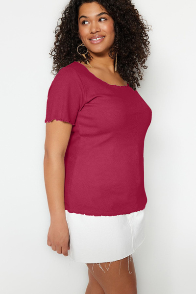 Trendyol Curve Plum Ribbed Pool Neck Knitted Plus Size Blouse Tbbss23Bf00010