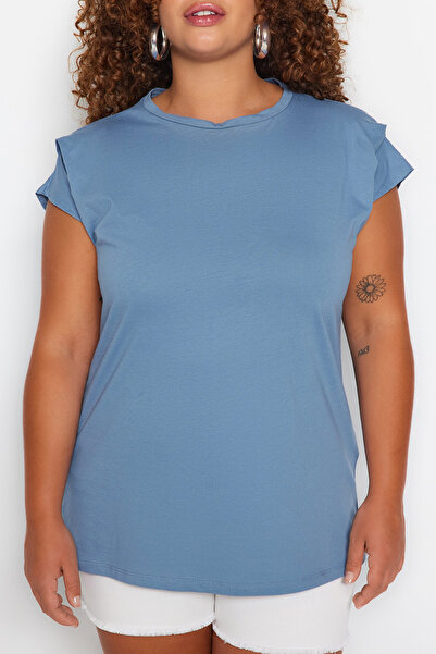 Trendyol Curve Crew Neck Blue Knitted T-Shirt - Sleeves Detail, 100% Cotton TBBSS22BF0023