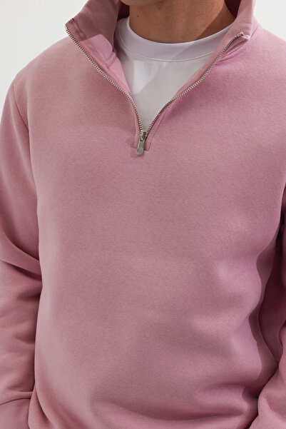 Tudors Φούτερ Unisex Relax Fit Άνετο Κομμένο Βαμβακερό Φλις με μισό φερμουάρ και όρθιο γιακά σε λιλά χρώμα