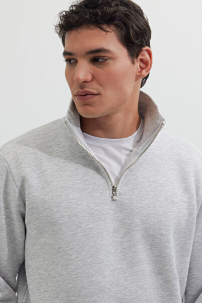 Tudors Φούτερ Unisex Relax Fit Relaxed Cut Cotton Fleece με μισό φερμουάρ γκρι όρθιο γιακά