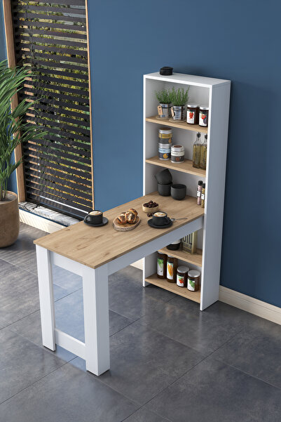 Rani Mobilya Rani Ja102 Masa Raflı Dekoratif Mutfak Yemek Masası Sepet Ceviz - Beyaz