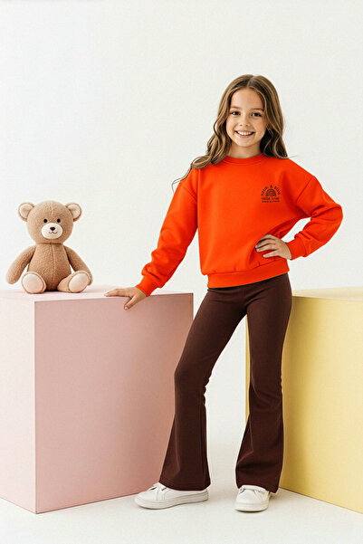 TRENDYOLKIDS Brown Cotton Plain Thick/Inside Fleece Girls Oversize Knitted Bottom - Top Set Tkdaw26Au00020