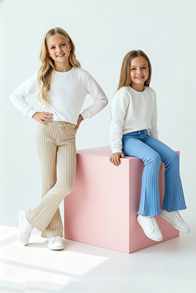 TRENDYOLKIDS Blue-Beige Cotton Soft Flexible 2-Pack Girl's Plain Knitted Leggings Tkdaw26Ta00005